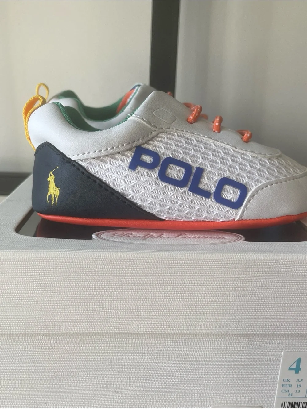 Ralph Lauren infant White Faux Leather Sneakers with multicolor trim NIB